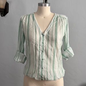 JOIE Button Down Striped Crinkle Long Sleeve Blouse - Green - Size: Small